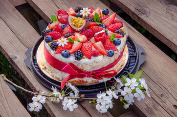 Meringue cake. Vegetarian cake. Low fat dessert.