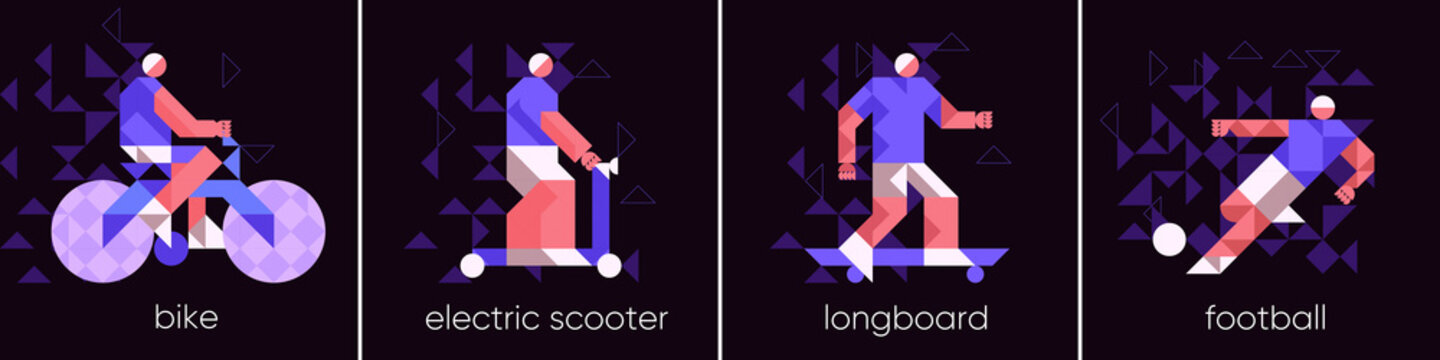 Vector illustration. A set of sports icons with people. Bike, scooter, longboard, soccer player.Abstract, background patterns, triangular mosaics, stylized polygonal images, geometric backgrounds.