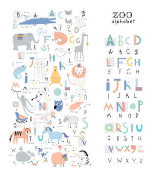 Основные RGBCute zoo alphabet with funny animals in vector . Letters. Learn to read. Isolated.