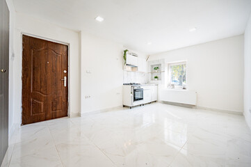 Kitchen room in white in an appartment. Cosy full of light room.