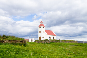 Fototapeta na wymiar Modhrudalur church close up, Iceland. Small church