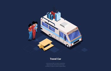 Family Of Three Members Standing Near Huge Automobile With Luggage On Top. Travelling Car Conceptual Illustration In Cartoon 3D Style. Isometric Vector Composition. Mother, Father And Child Voyaging