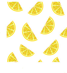 Seamless pattern with yellow orange fruit slices, consisting of multi-colored circles on a white background for trendy prints, fabrics, wrapping paper, textiles, linen. Vector illustration.