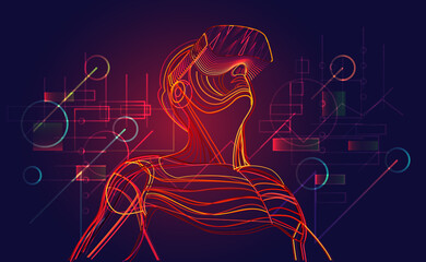 Excited man wearing virtual reality headset. Abstract vr world with digital interface on background. Vector illustration