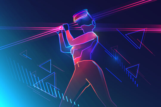 Virtual reality gaming. Woman wearing vr headset and using light swords in abstract world. Vector illustration