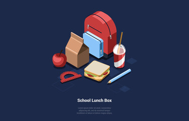 Illustration Of School Lunch Box Food Isometric Vector Set. 3D Cartoon Composition On Dark Background With Items And Text. Backpack, Paper Bag, Apple, Ruler, Sandwich, Pencil And Beverage In Glass