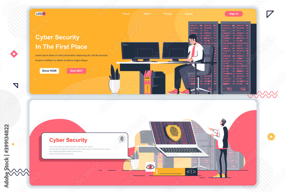 Poster Cyber security landing pages set. Cybersecurity assistance and management corporate website. Flat vector illustration with people characters. Web concept use as header, footer or middle content.
