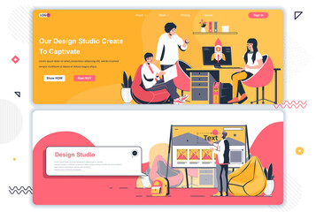 Design studio landing pages set. UI UX design, creative team workflow corporate website. Flat vector illustration with people characters. Web concept use as header, footer or middle content.