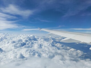 Fototapeta na wymiar airplane wing in cloud view from airplane window