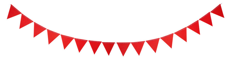 Red triangle flags hanging on white background. Christmas or birthday decoration