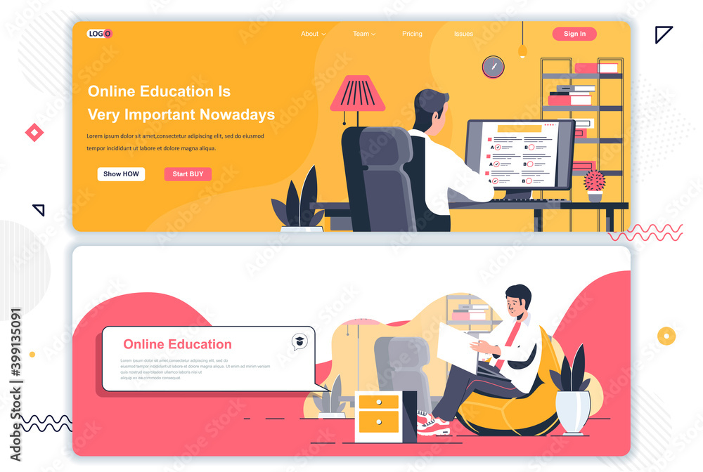 Poster online education landing pages set. distance learning, educational webinar corporate website. flat v