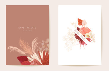 Watercolor orchid, pampas grass, lunaria floral wedding card. Vector exotic flower, tropical palm leaves invitation