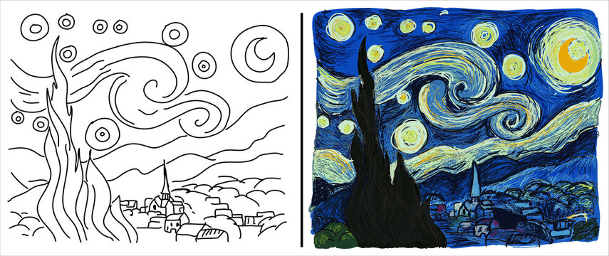 Coloring page with "The Starry Night" based on Vincent van Gogh's painting. 