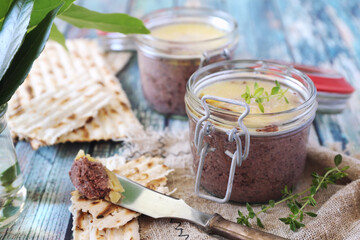 Faux gras. Vegetable Foie Gras from lentils and beets in jar and crispbread