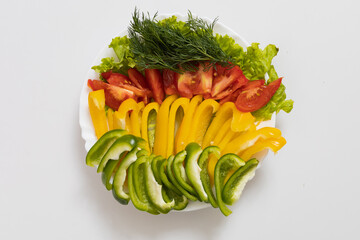 Sweet bell peppers and tomatoes with dill. Culinary background