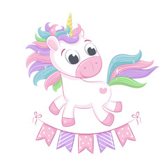 Obraz na płótnie Canvas Cute baby unicorn illustration. Vector illustration for baby shower, greeting card, party invitation, fashion clothes t-shirt print.