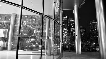 Pattern of office buildings windows illuminated at night. Lighting with Glass architecture facade...
