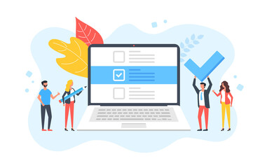 Checklist. Group of people and laptop with check list on screen. Online survey, complete tasks, to-do list, success, filling form, questionnaire concepts. Modern flat design. Vector illustration - obrazy, fototapety, plakaty