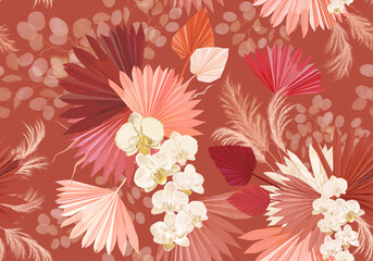 Tropical orchid flower, palm leaves, pampas grass, lunaria vector seamless background. Jungle dried flowers pattern