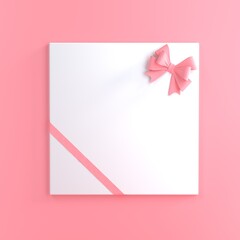 Blank white gift card with pink ribbon bow isolated on pastel pink color background with shadow minimal concept. 3D rendering