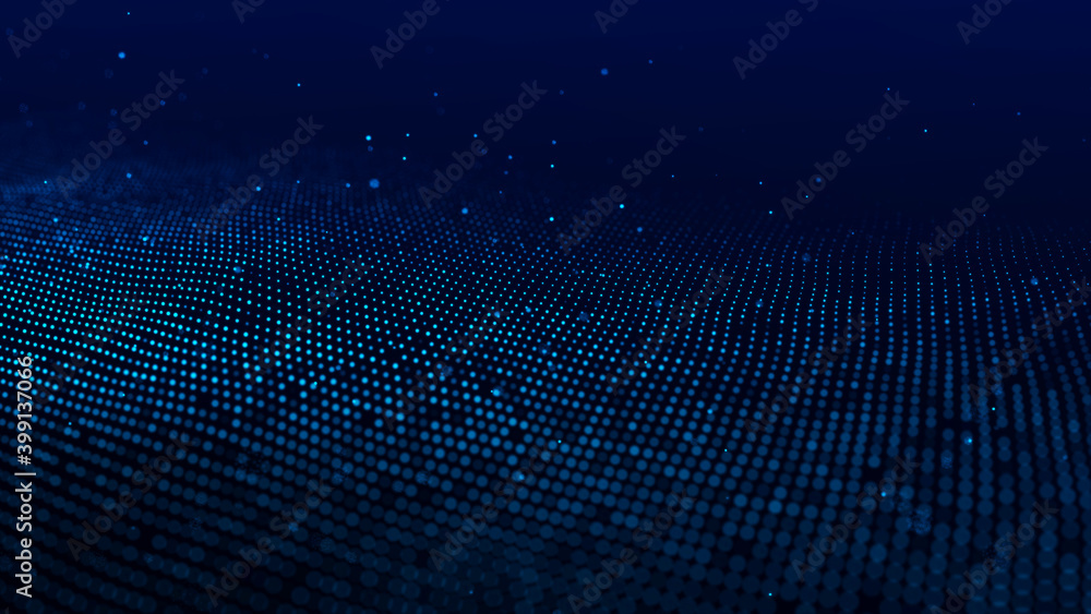Poster wave 3d. wave of particles. abstract blue geometric background. big data visualization. data technol