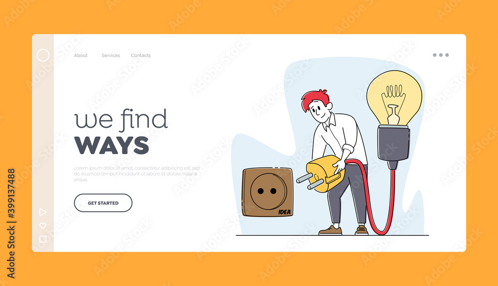 Poster man work on project searching for creative idea landing page template. business male character switc