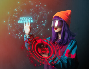 style hacker woman in VR glasses is hacking