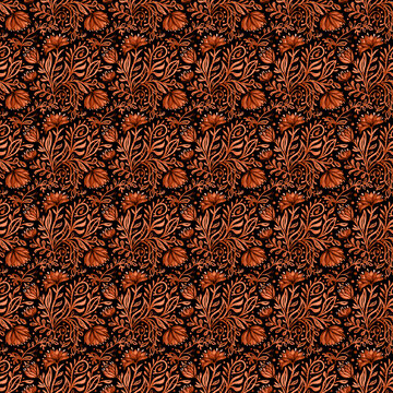 Dark brown seamless floral pattern. Repeating background with simple abstract watercolor bouquets with flowers and leaves. Hand drawn decor for fabric print or wallpaper. 