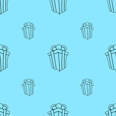 Vector illustration. Doodle gift box seamless pattern on blue backdrop background. Design element for poster, banner, clothes.