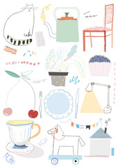 Cute hand drawn poster with cat, cup, pot. Vector