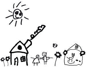 Children drawing of happy family on white page