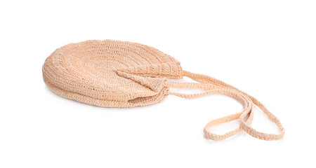 Stylish straw bag on white background. Summer accessory