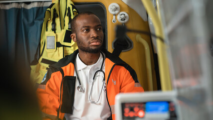 Black African American Paramedic Looking Outside while Riding in an Ambulance Vehicle for an Emergency. Emergency Medical Technicians are on Their Way to a Call Outside the Healthcare Hospital. © Gorodenkoff