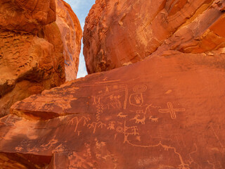 Sunny view of the Atlatl Rock of Valley of Fire State Park