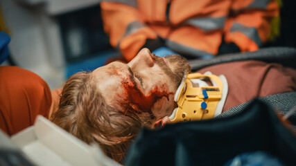 Close-up Portrait Shot of an Injured Patient on the Way to a Healthcare Hospital. Female...