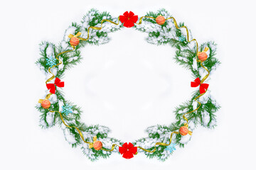 Greeting card. Coniferous spruce branch. snow covered trees.