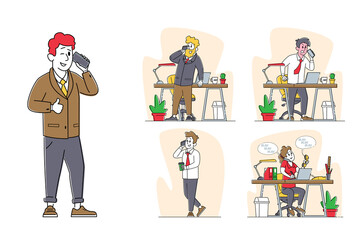 Office Workers Characters Speaking by Smartphones in Office with Desk and Pc. Mobile Phone Communication