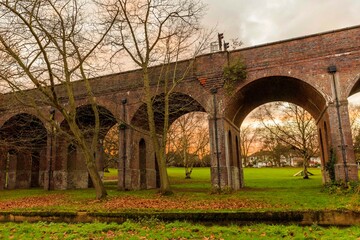 Fototapeta premium Arnos park in Arnos Grove. A 44 acre grassy woodland crossed by a brook and a train viaduct in North London. 