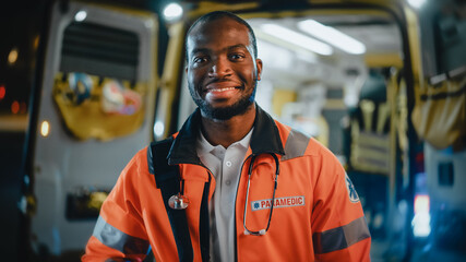Portrait of a Black African American EMS Paramedic Proudly Standing in Front of Camera in High Visibility Medical Orange Uniform and Smiling. Successful Emergency Medical Technician or Doctor at Work. - obrazy, fototapety, plakaty