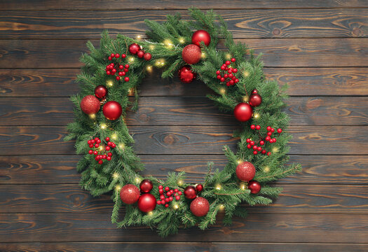 Beautiful Christmas wreath with festive decor on wooden background, top view
