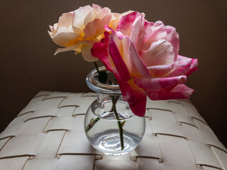 Pink and Yellow Roses in a glass vase