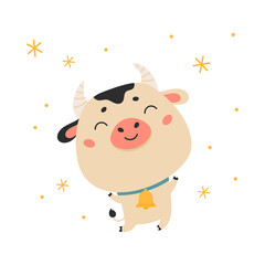Cute cartoon ox with bell. Happy new year cattle.Chinese new year 2021 symbol.Holiday animal on white background with snowflakes for the design of calendars, cards, advertising.Vector illustration.