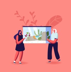 Pets Care, Aquaristics Hobby Concept. Female Characters Carry Aquarium with Various Decor, Seaweeds on Bottom and Fish © Pavlo Syvak