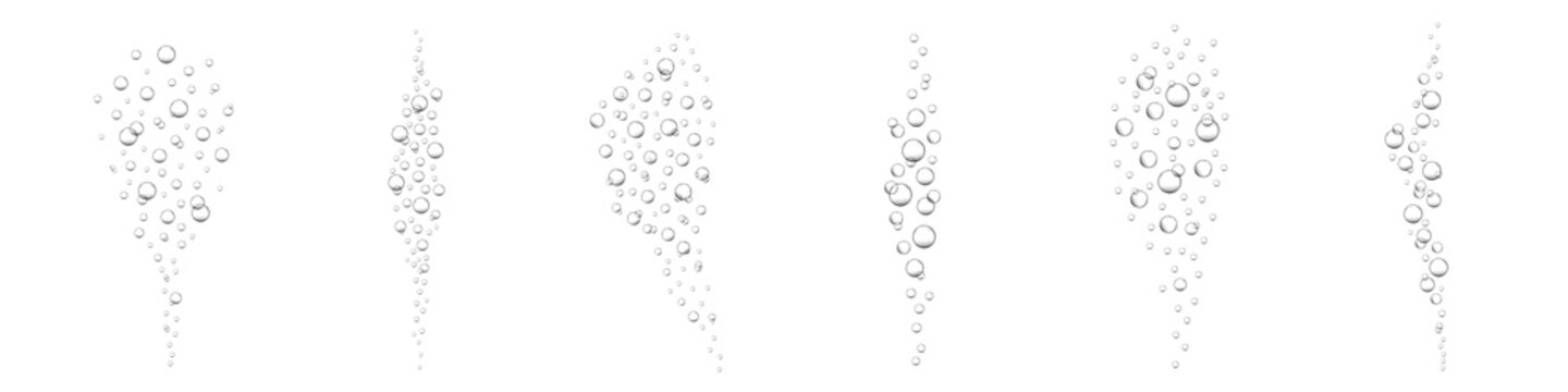 Air bubbles in water. Fizzy carbonated drink, soda, champagne, lemonade, sparkling wine. Underwater oxygen bubbles in sea or aquarium. Vector realistic illustration.