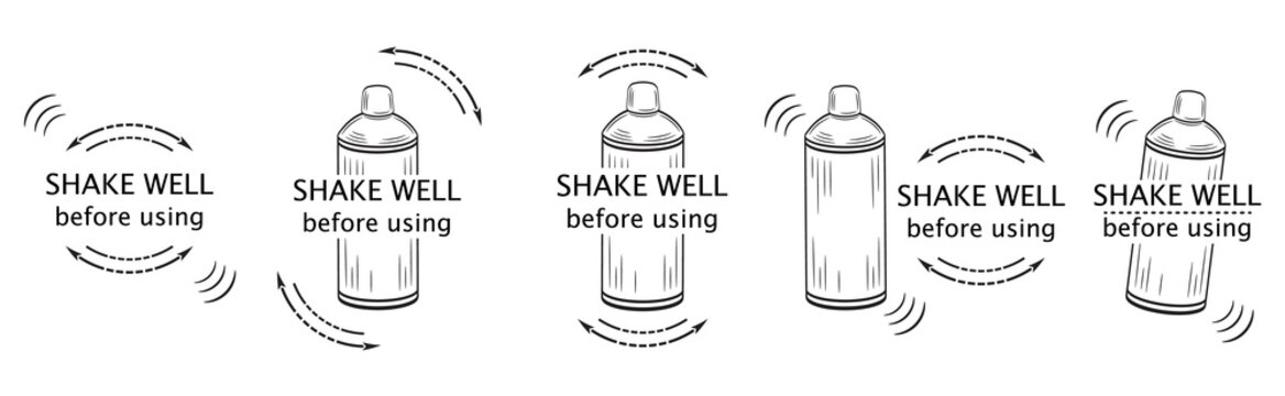 Shake Well Before Using Icon Set. Shaker Bottle Outline With Arrows And Text. Symbol For Packaging Of Spray Aerosol сan, Drinks, Medicines, Cosmetics Or Household Chemicals Product. Vector On White