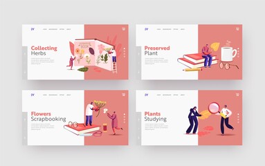 Herbarium Hobby Landing Page Template Set. Tiny Characters Collecting Herbs, Grass or Twigs, Natural Field Plants