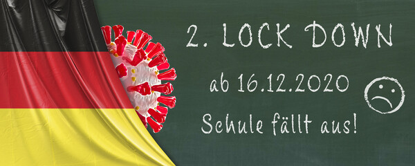 Lockdown Schule fällt aus! Schultafel mit der Fahne von Deutschland und Corona-Virus (Covid-19) als Banner