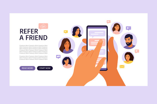 Refer a friend concept with cartoon hands holding a phone with a list of friends contacts. Referral marketing strategy banner, landing page template, ui, web, mobile app, poster, banner, flyer.