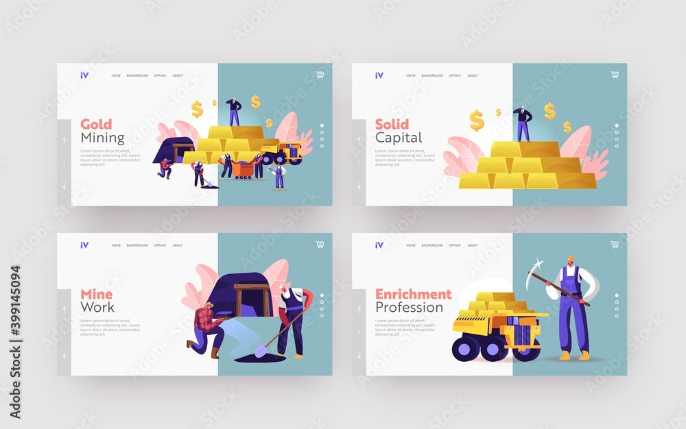 Aufkleber gold mining landing page template set. miner characters working on quarry, transport and technique. 