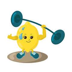 Cute strong lemon athlete with sneakers and barbell. Colorful smiling kawaii fruit emoticon. Isolated sport training vector illustration.	